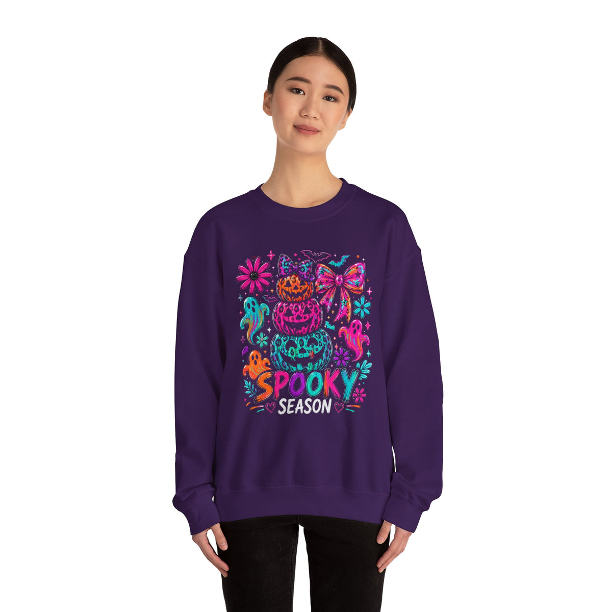Spooky Season Sweatshirt — Colorful Neon Halloween Pumpkin & Ghost Crewneck