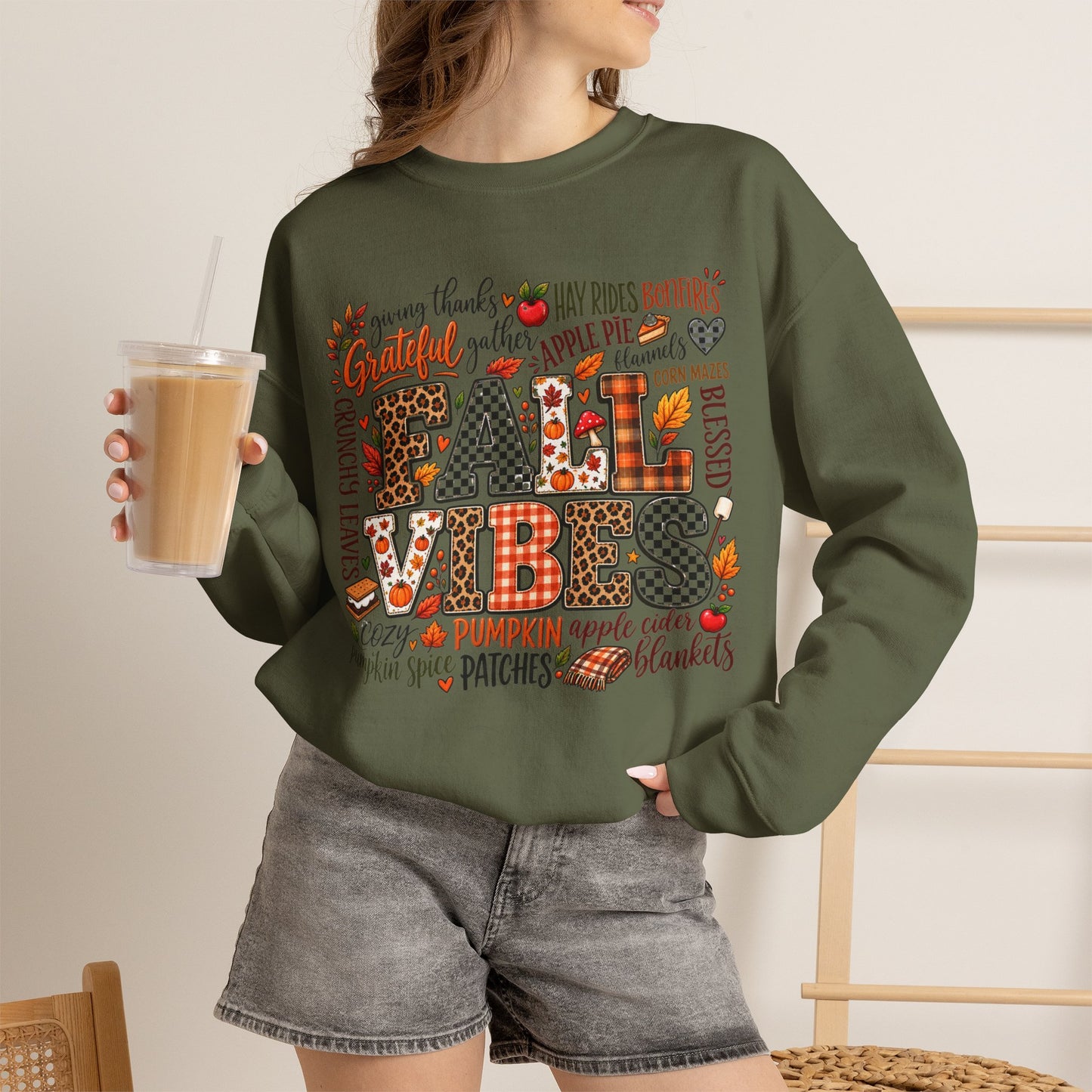 Fall Vibes Crewneck Sweatshirt — Autumn Leaves, Pumpkins & Cozy Plaid Design