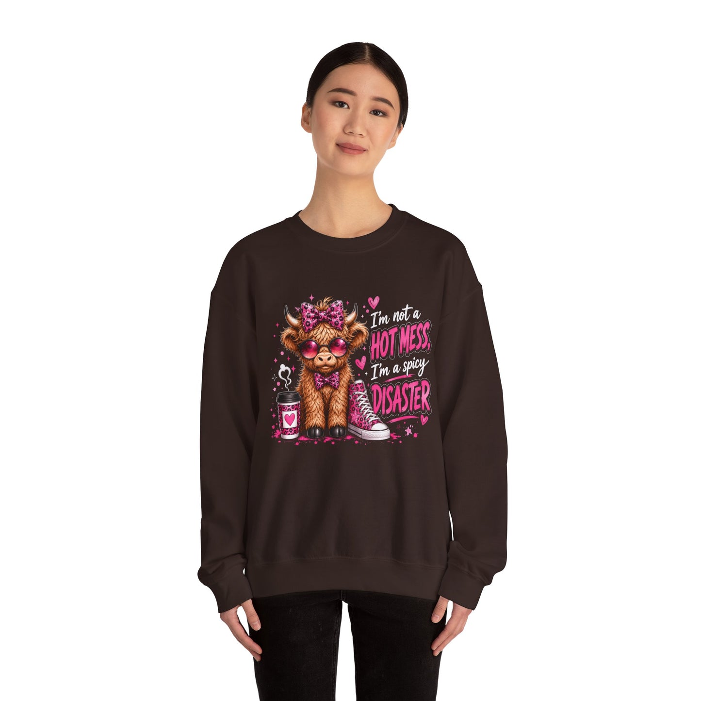 Spicy Disaster Dog Crewneck Sweatshirt — “I’m not a hot mess, I’m a spicy disaster” Graphic Sweatshirt