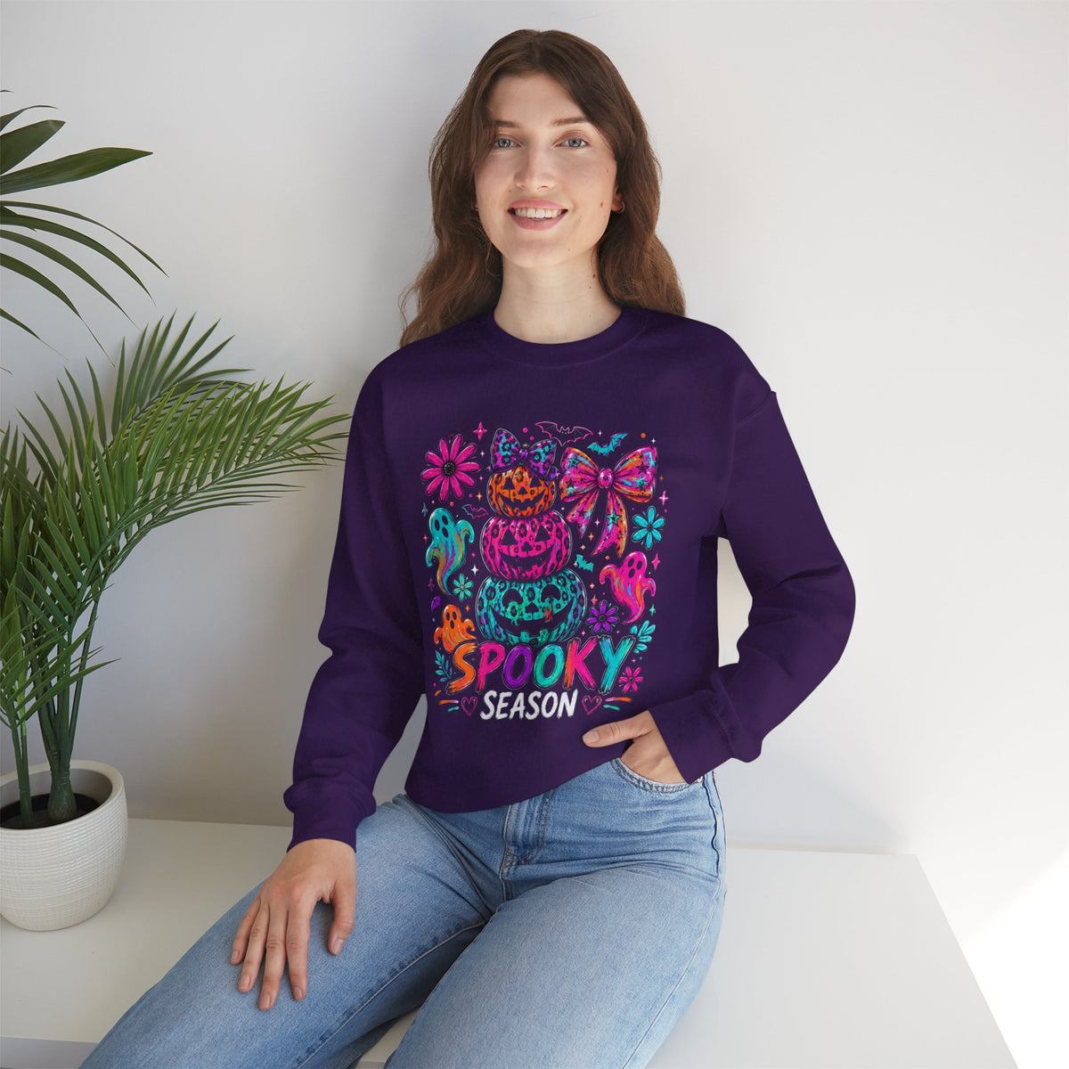Spooky Season Sweatshirt — Colorful Neon Halloween Pumpkin & Ghost Crewneck