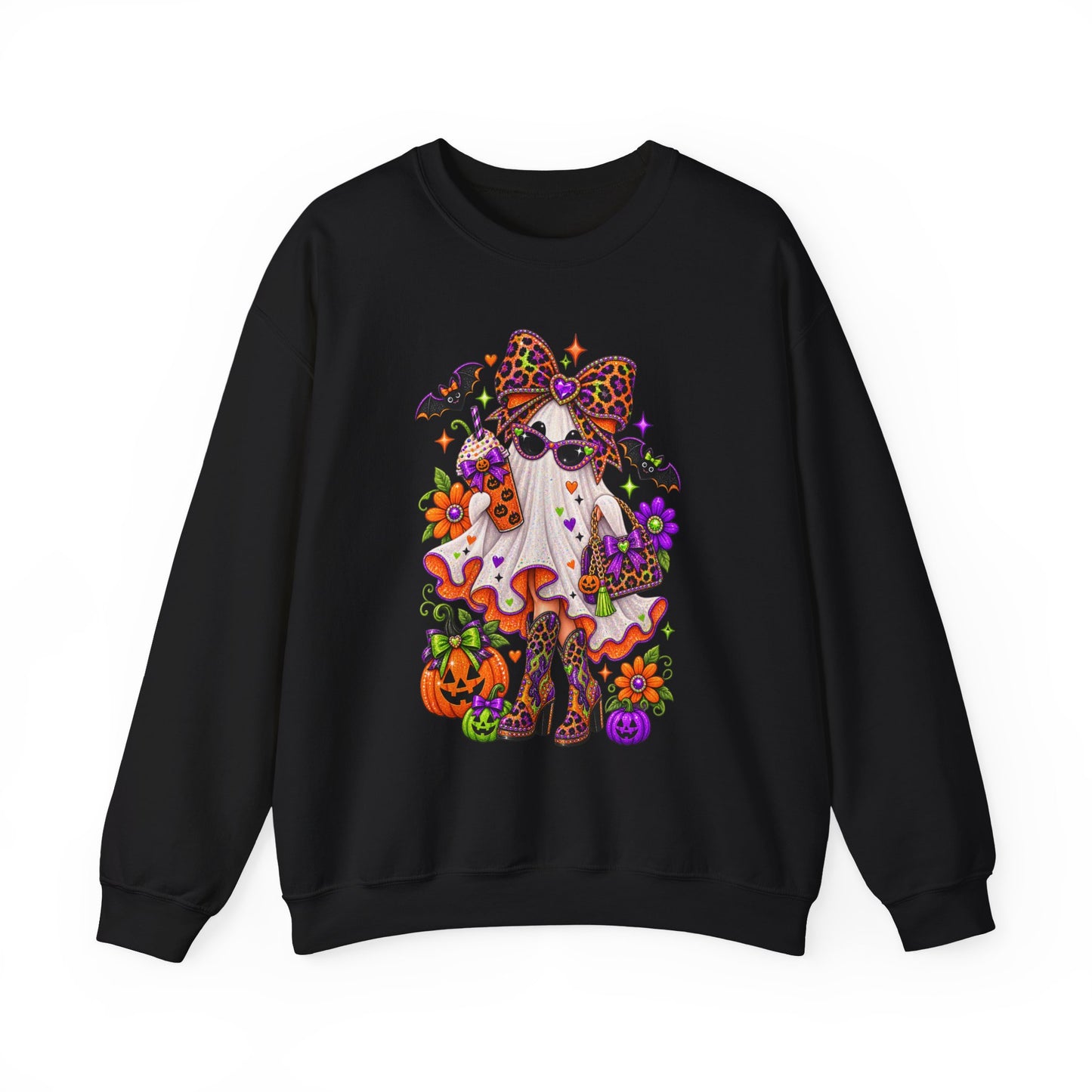 Halloween Ghost Cat Crewneck Sweatshirt — Cute Spooky Pumpkin & Bat Graphic