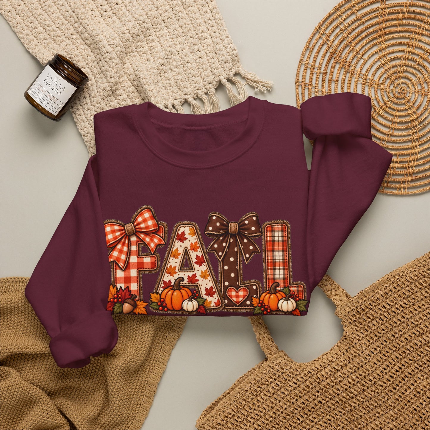 Fall Plaid Crewneck Sweatshirt — Autumn Pumpkins & Bows Design
