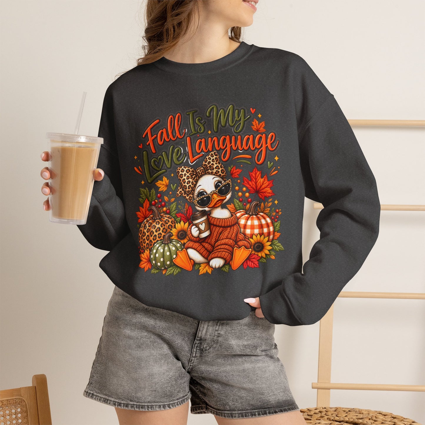 Fall Is My Love Language Duck Sweatshirt — Cute Autumn Duck & Pumpkins Crewneck