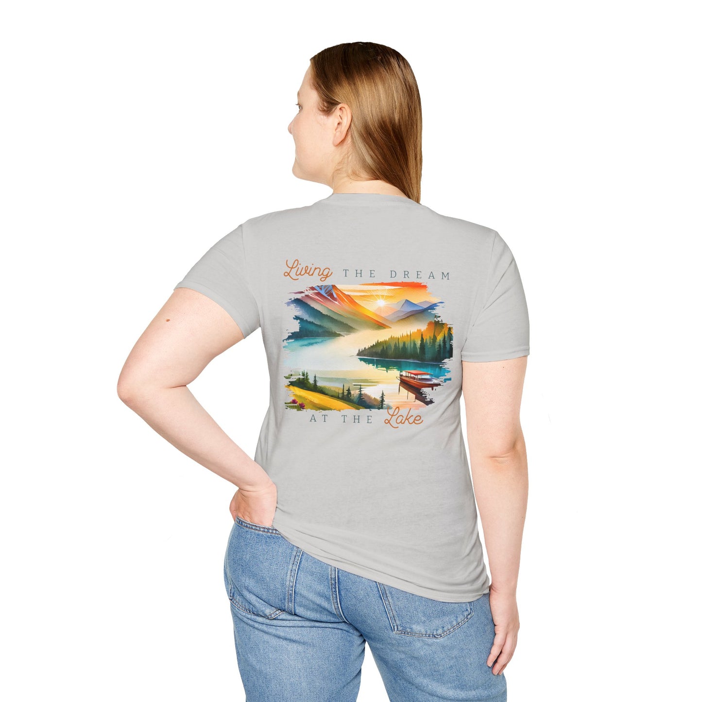 Lake Life T-Shirt — "Living the Dream at the Lake" Boat & Mountain Scene