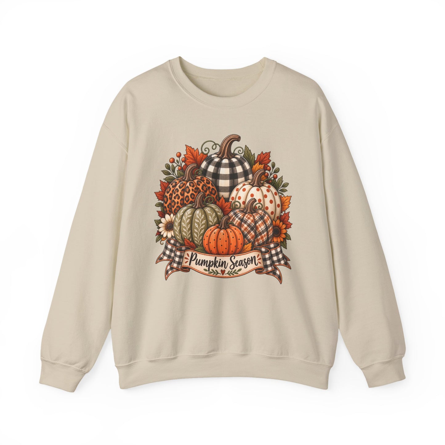 Pumpkin Season Fall Sweatshirt — Plaid & Floral Autumn Pumpkins Crewneck