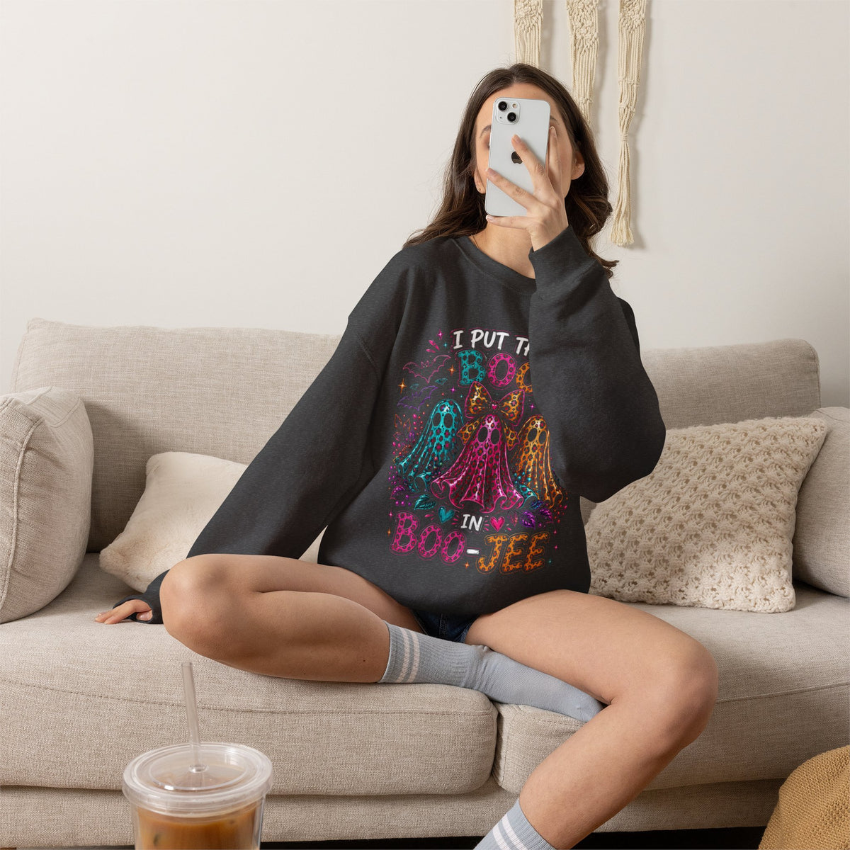 Halloween Crewneck Sweatshirt - "I Put the Boo in Boo-tee" Colorful Ghosts