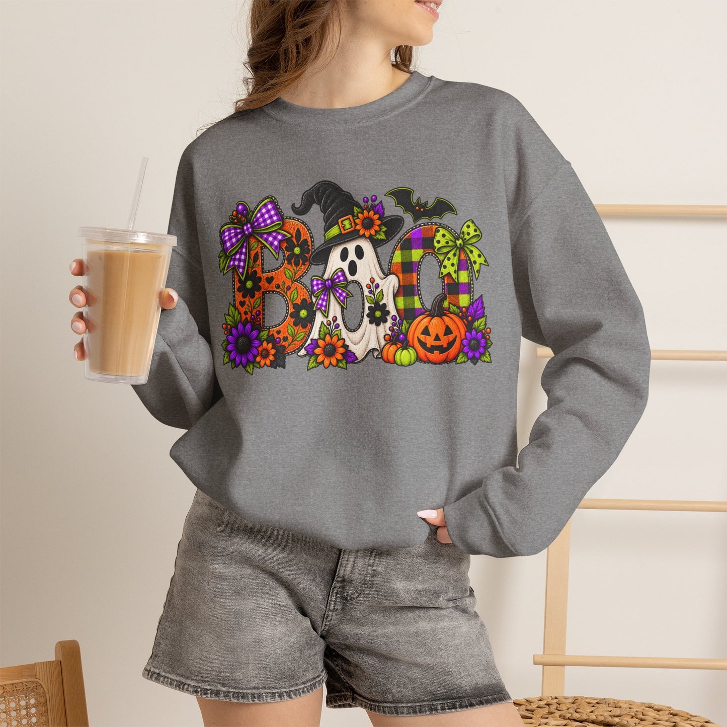 Halloween "BOO!" Crewneck Sweatshirt — Cute Spooky Ghost & Pumpkin Pullover