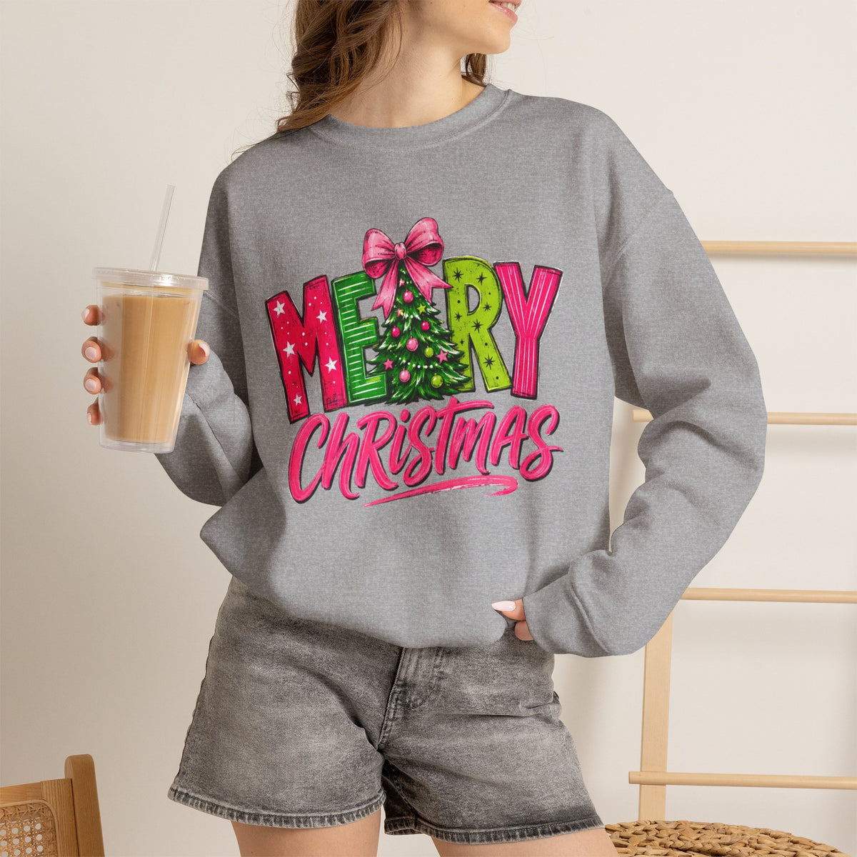 Crewneck Sweatshirt — Merry Christmas Pink & Green Holiday Tree Graphic