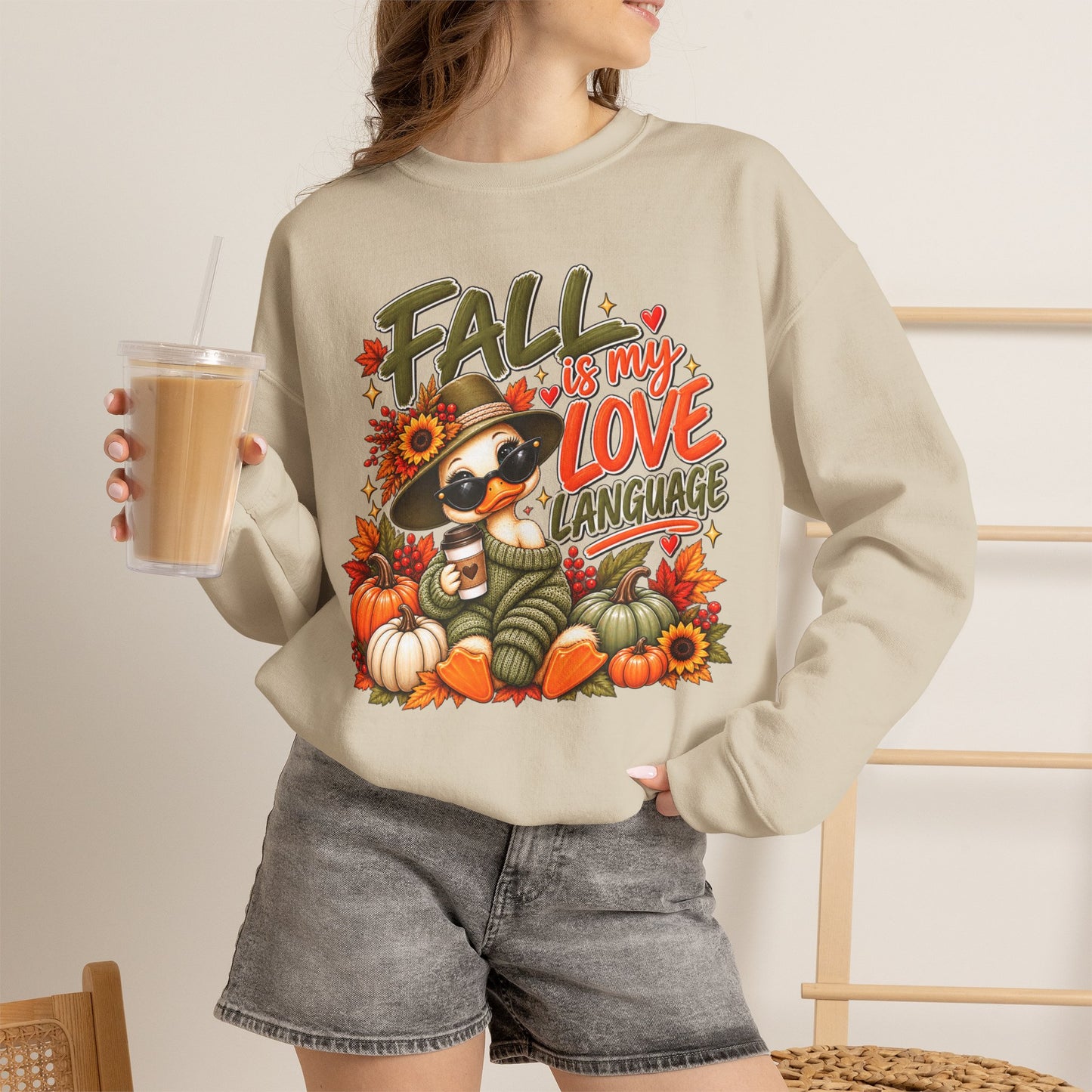 Fall Is My Love Language Sweatshirt — Cute Duck & Pumpkin Autumn Crewneck
