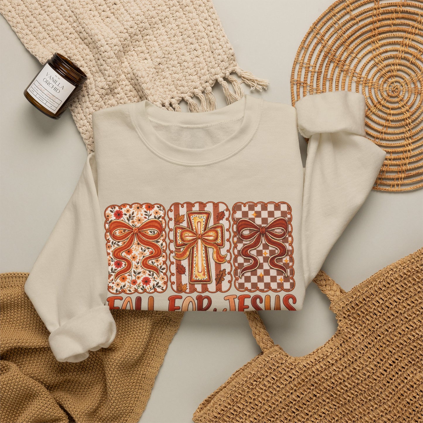 Crewneck Sweatshirt — Fall For Jesus Graphic, Autumn Leaves Faith Sweatshirt
