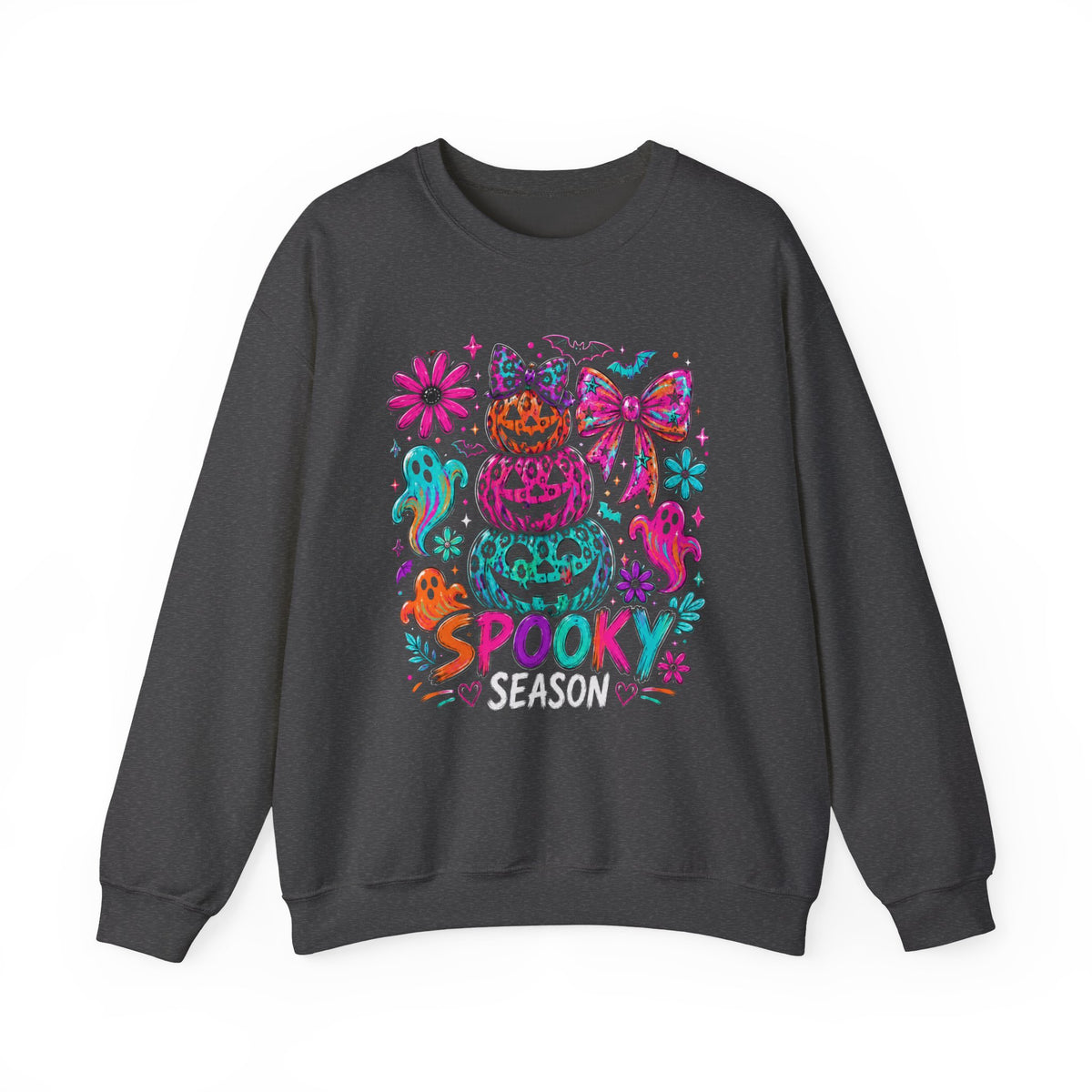 Spooky Season Sweatshirt — Colorful Neon Halloween Pumpkin & Ghost Crewneck