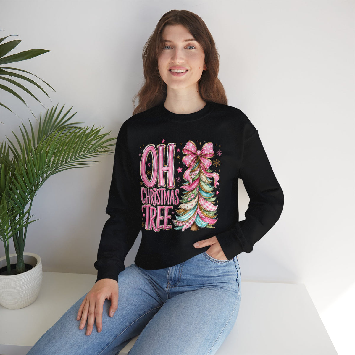 Oh Christmas Tree Sweatshirt | Pink Bow Christmas Crewneck for Women | Girly Holiday Graphic Sweatshirt