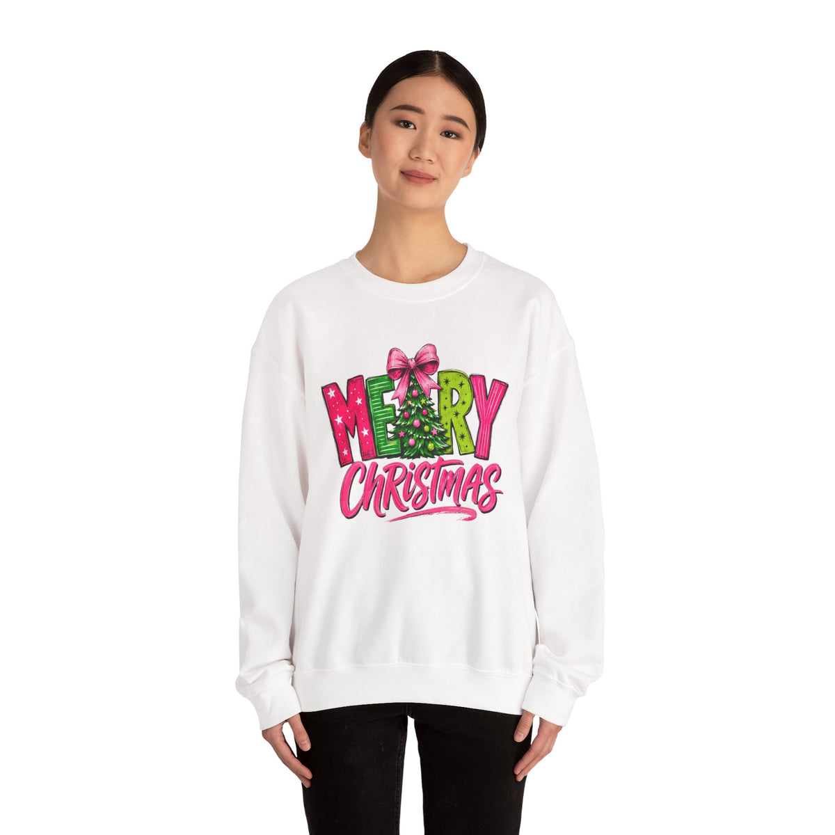 Crewneck Sweatshirt — Merry Christmas Pink & Green Holiday Tree Graphic
