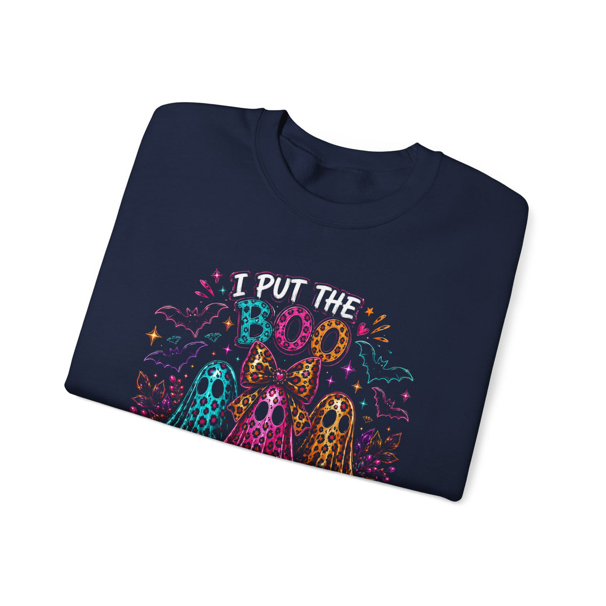 Halloween Crewneck Sweatshirt - "I Put the Boo in Boo-tee" Colorful Ghosts