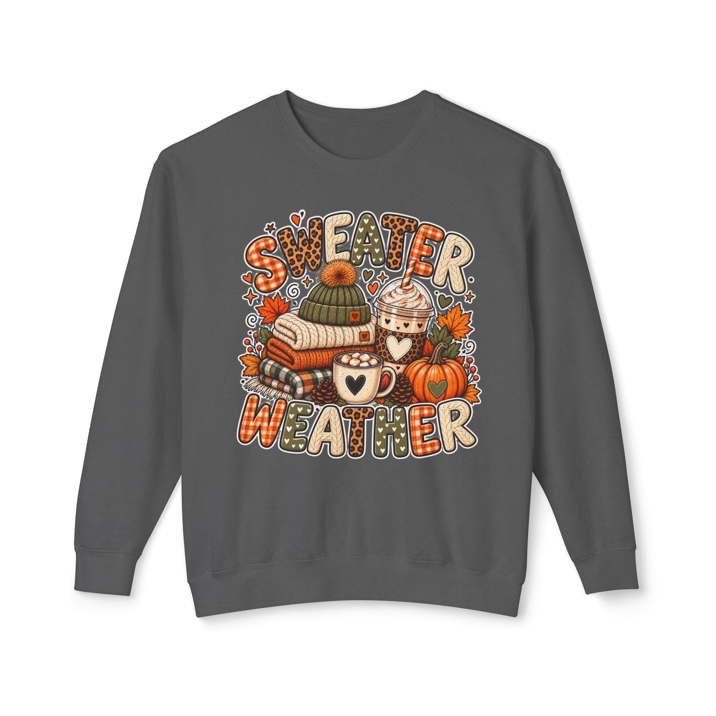 Sweater Weather Crewneck Sweatshirt – Cozy Fall Pumpkin & Hot Cocoa Graphic