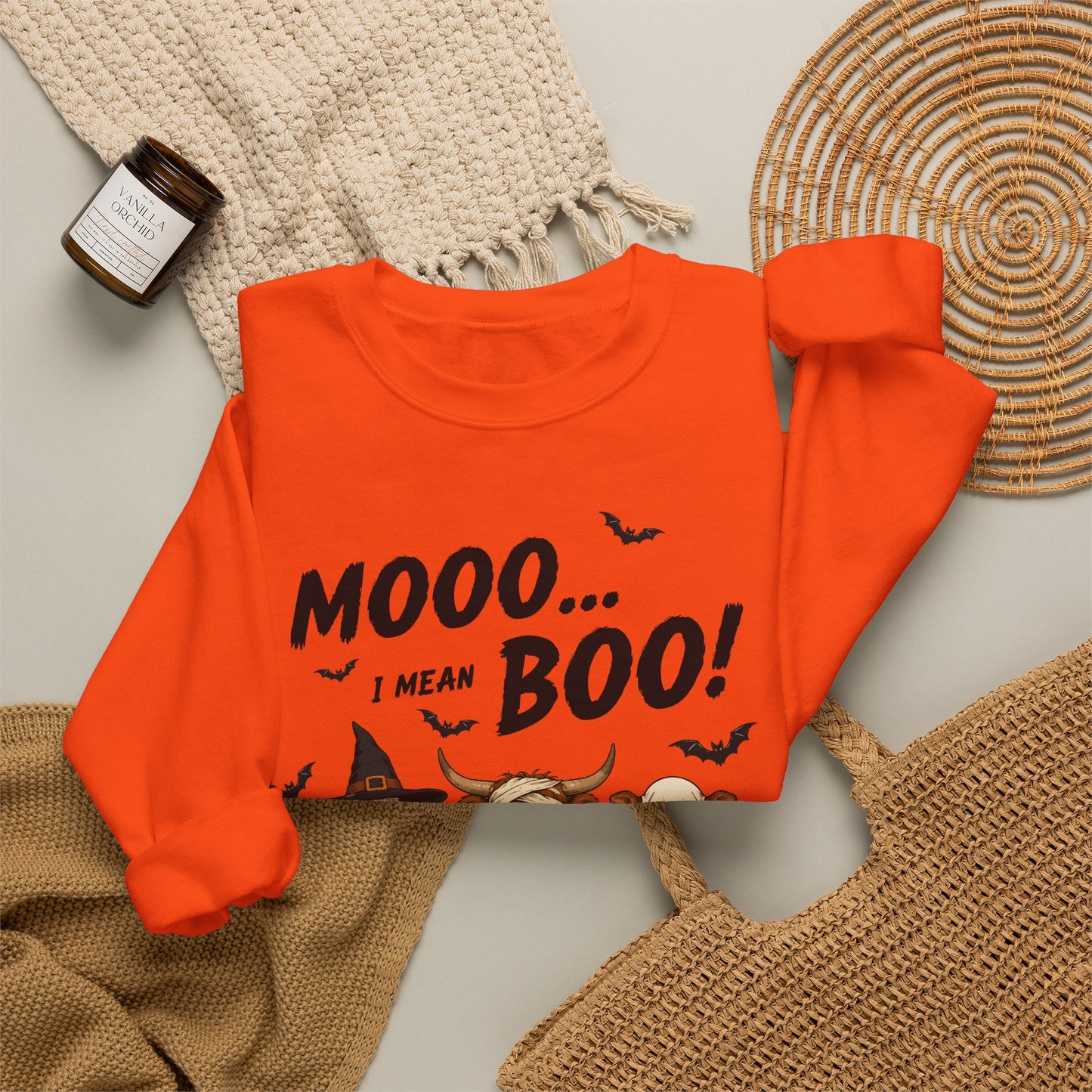 Halloween Cow Crewneck Sweatshirt — "Mooo... I Mean Boo!" Cute Farm Animals Costume Pullover