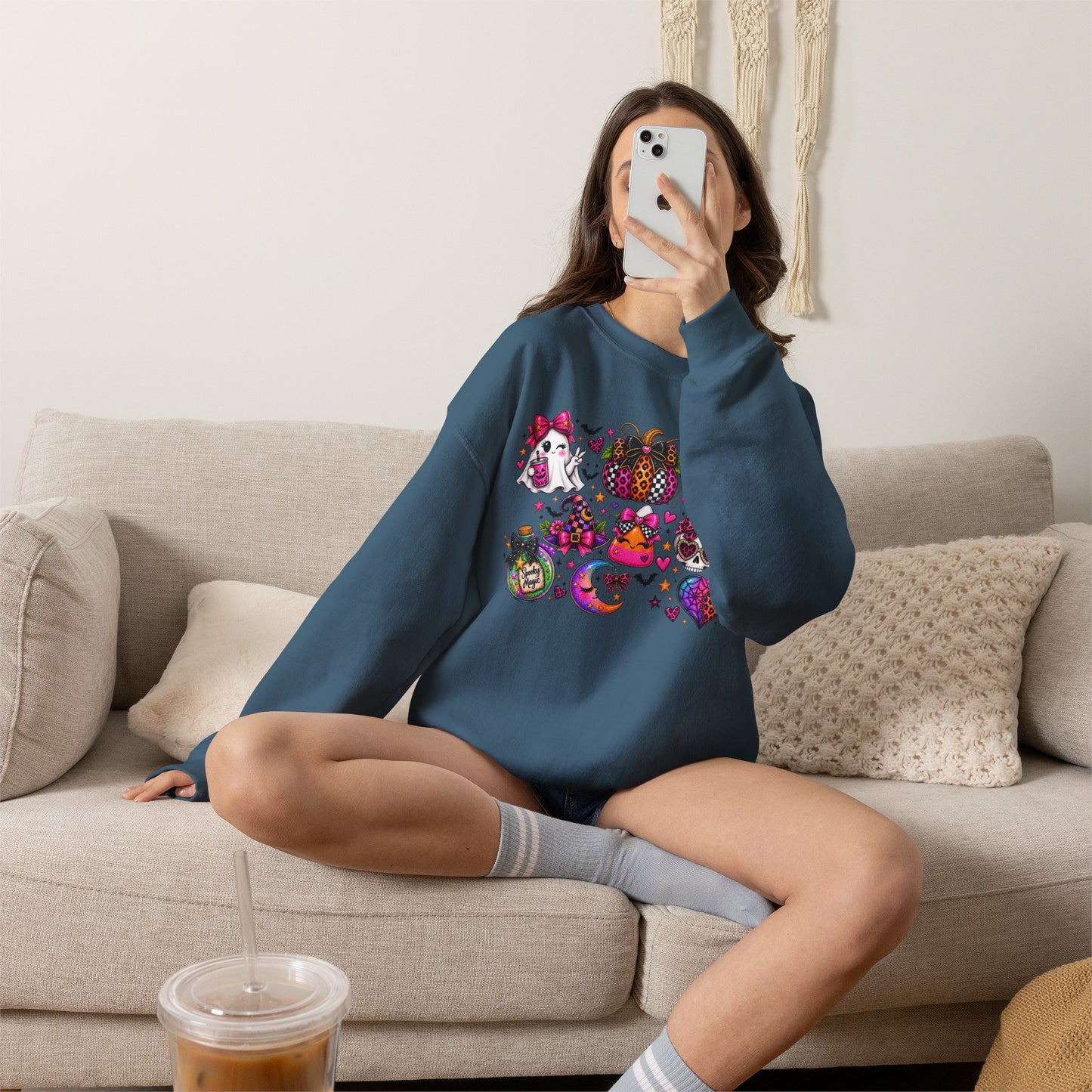Halloween Cat & Pumpkin Crewneck Sweatshirt — Colorful Spooky Cute Design