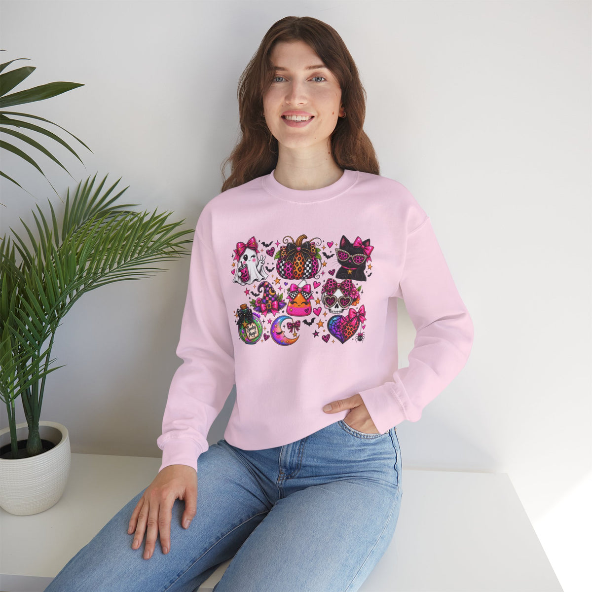 Halloween Cat & Pumpkin Crewneck Sweatshirt — Colorful Spooky Cute Design