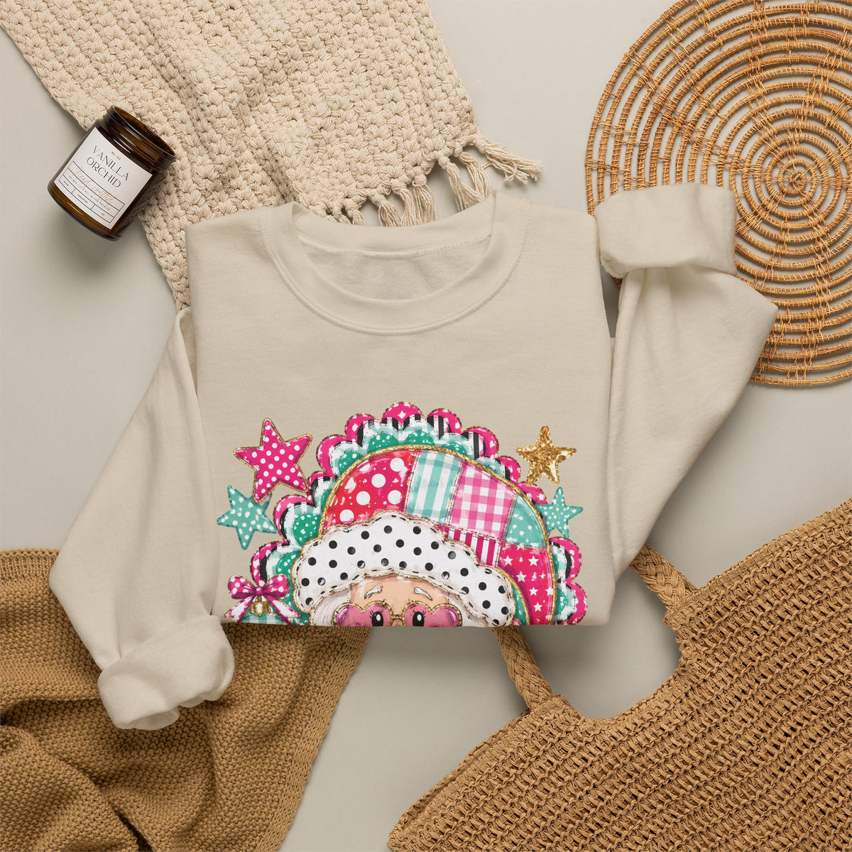 Pink Patchwork Santa Sweatshirt — Cute Christmas Crewneck for Women & Kids