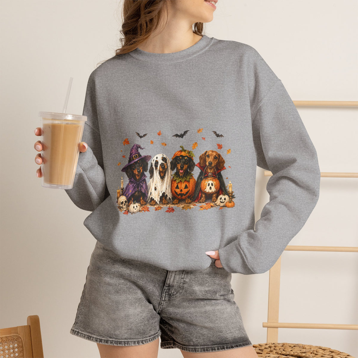 Halloween Dogs Crewneck Sweatshirt — Cute Pups in Witch Hats & Jack‑o’‑Lanterns