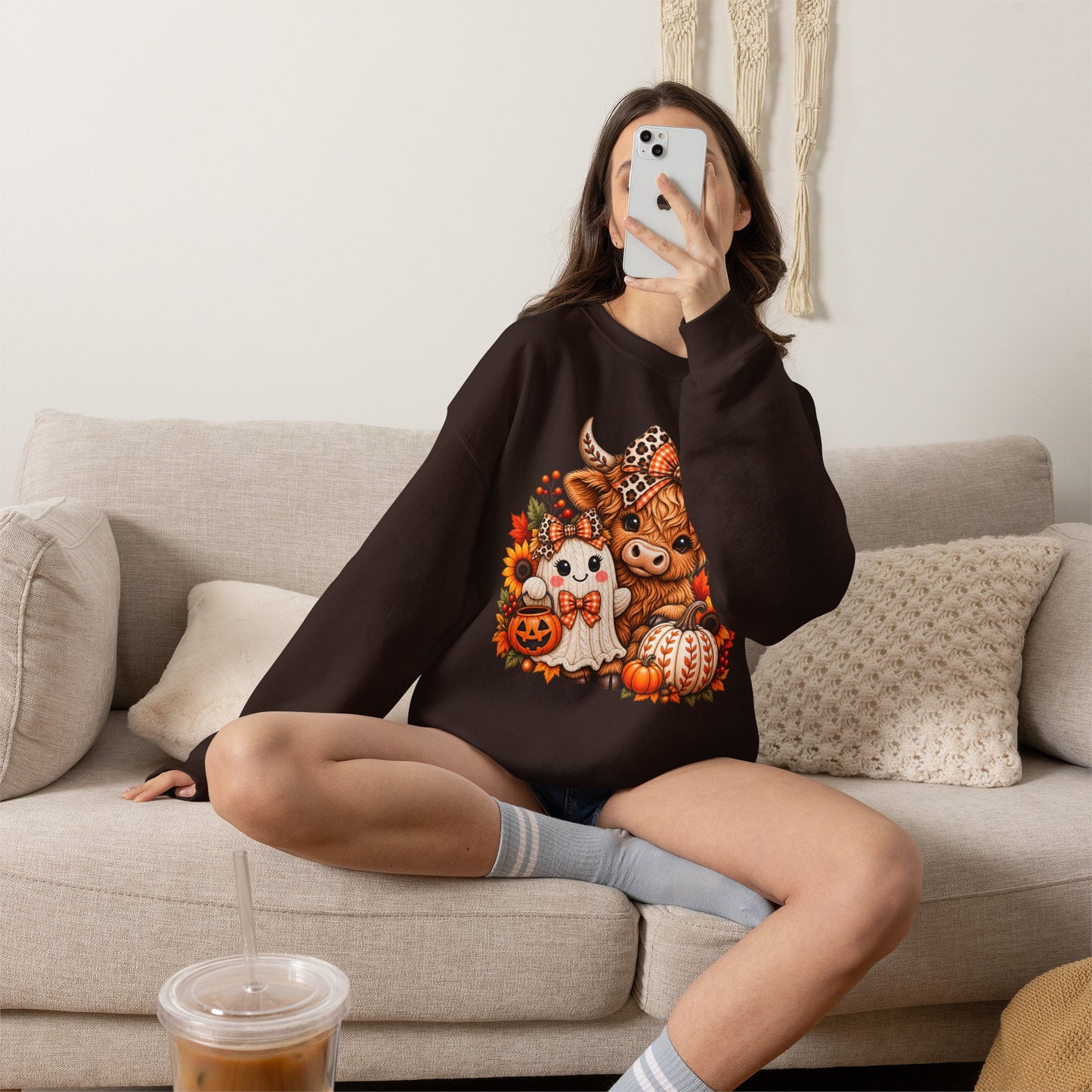 Autumn Highland Cow & Ghost Crewneck Sweatshirt — Cute Halloween Fall Graphic
