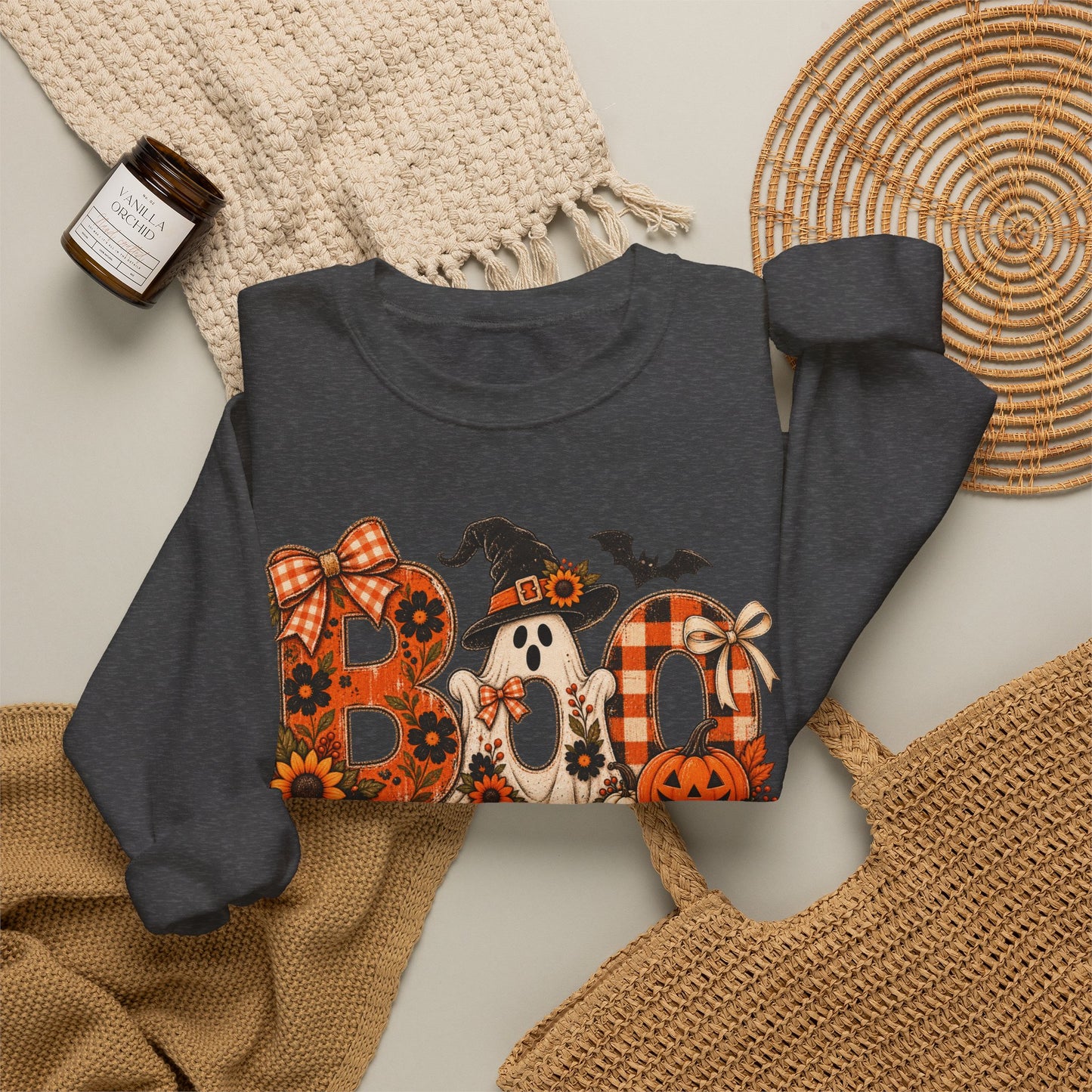 Halloween "Boo" Crewneck Sweatshirt — Cute Pumpkin & Ghost Fall Pullover