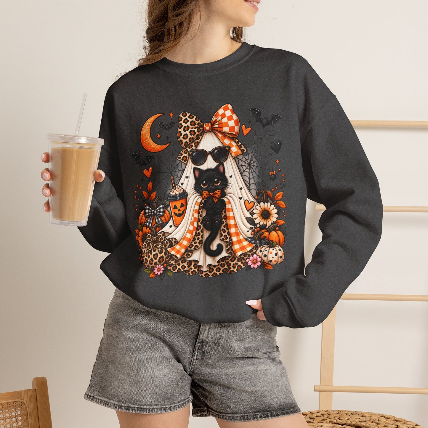 Halloween Black Cat Crewneck Sweatshirt — Cute Spooky Fall Sweater