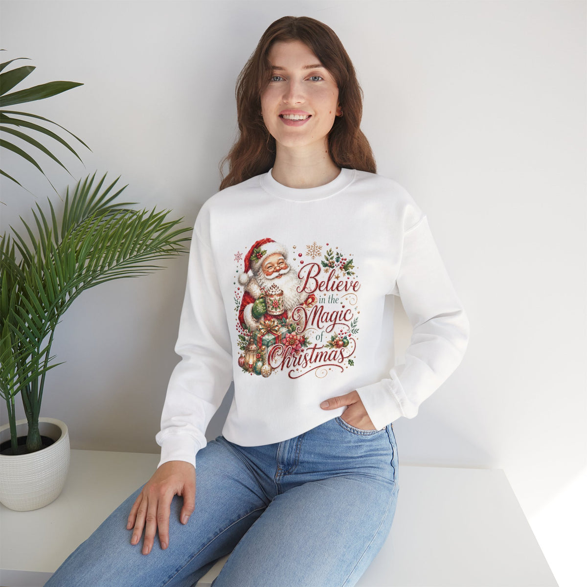 Believe in the Magic of Christmas Sweatshirt | Vintage Santa Christmas Crewneck for Women
