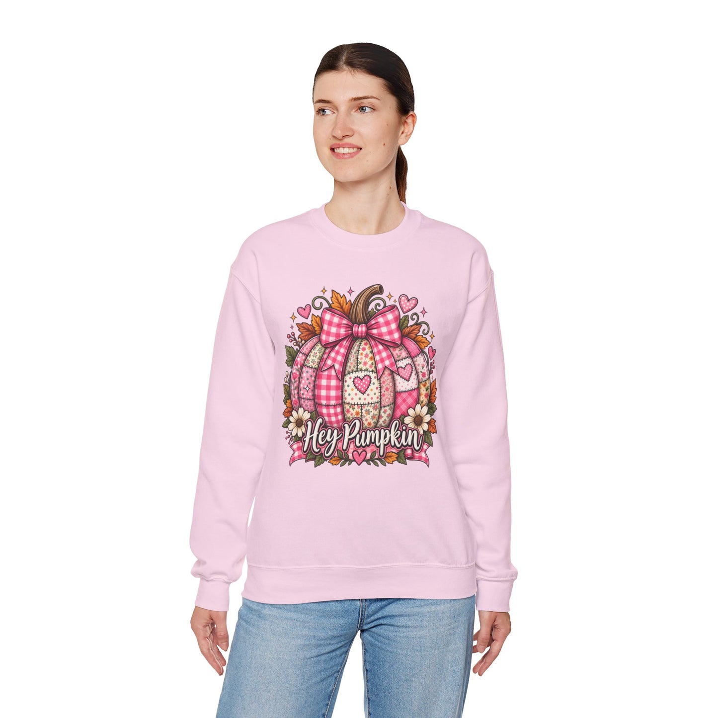 Hey Pumpkin Sweatshirt — Pink Plaid Pumpkin Crewneck for Fall & Valentine’s