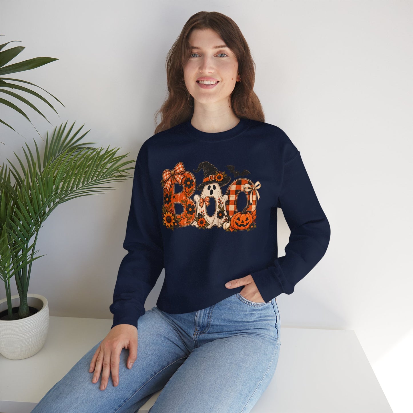 Halloween "Boo" Crewneck Sweatshirt — Cute Pumpkin & Ghost Fall Pullover
