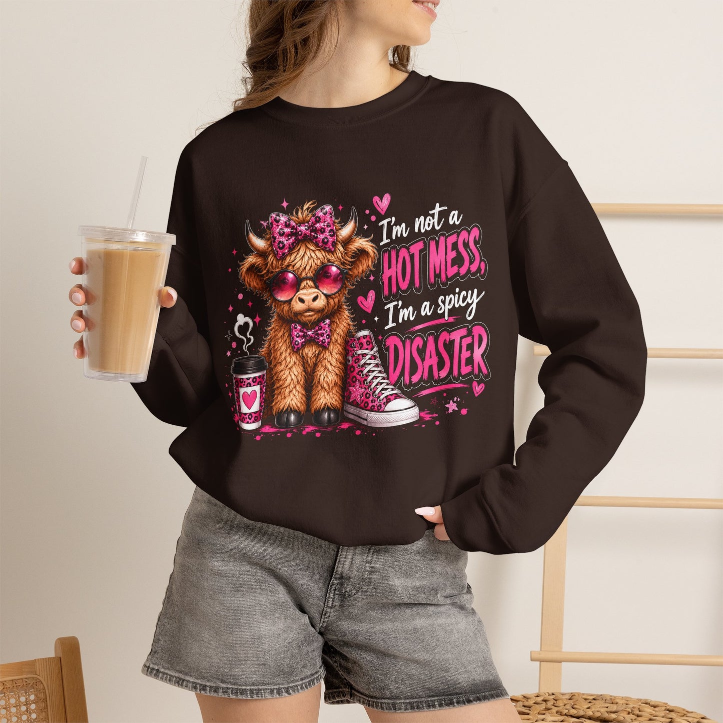 Spicy Disaster Dog Crewneck Sweatshirt — “I’m not a hot mess, I’m a spicy disaster” Graphic Sweatshirt