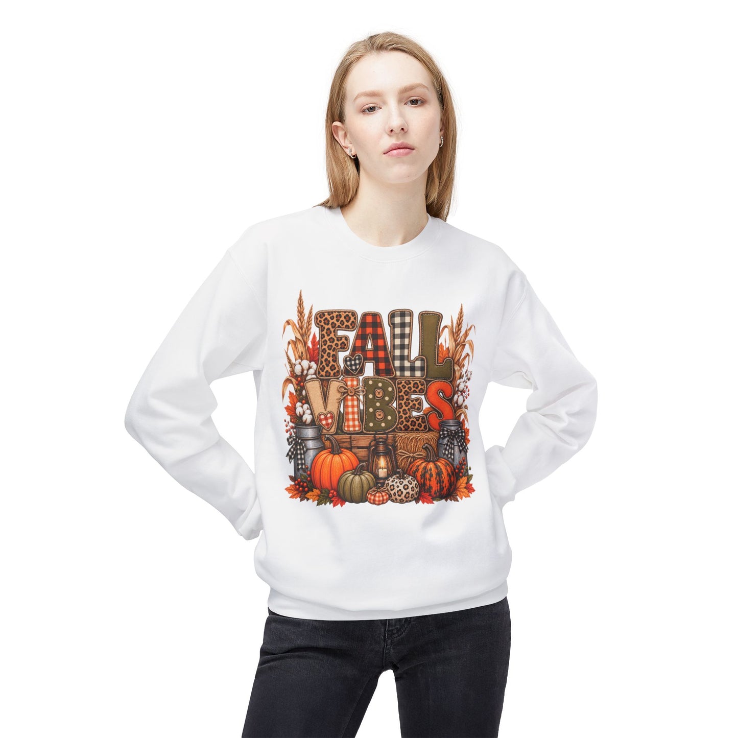Fall Vibes Crewneck Sweatshirt — Pumpkin, Plaid & Harvest Graphic
