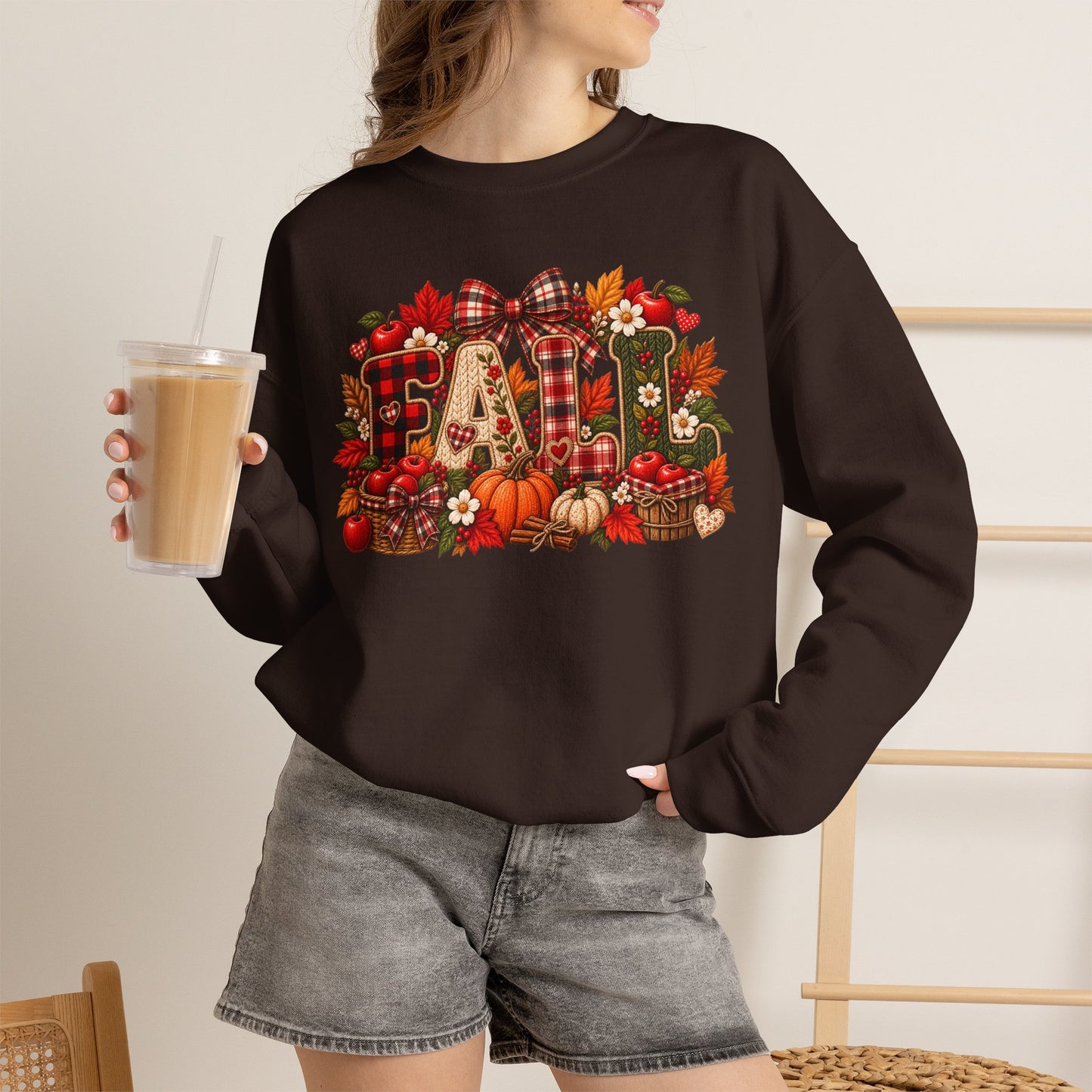Fall Farmhouse Crewneck Sweatshirt — Pumpkin, Plaid & Autumn Decor Graphic