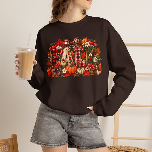 Fall Farmhouse Crewneck Sweatshirt — Pumpkin, Plaid & Autumn Decor Graphic