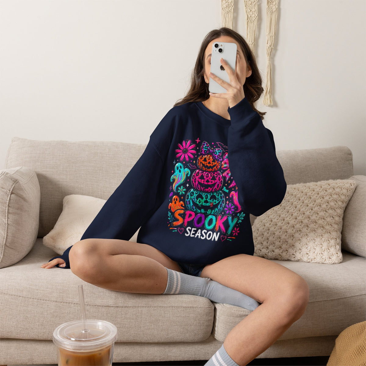 Spooky Season Sweatshirt — Colorful Neon Halloween Pumpkin & Ghost Crewneck