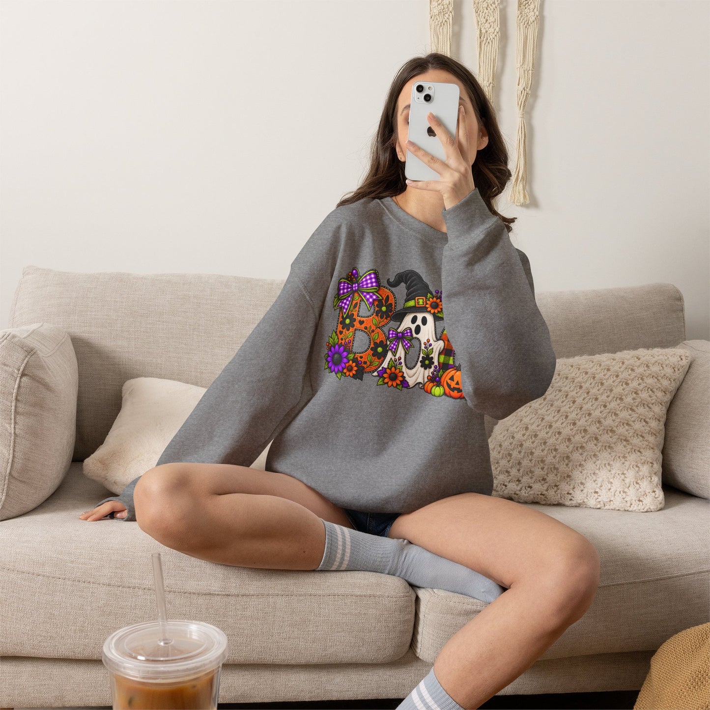 Halloween "BOO!" Crewneck Sweatshirt — Cute Spooky Ghost & Pumpkin Pullover