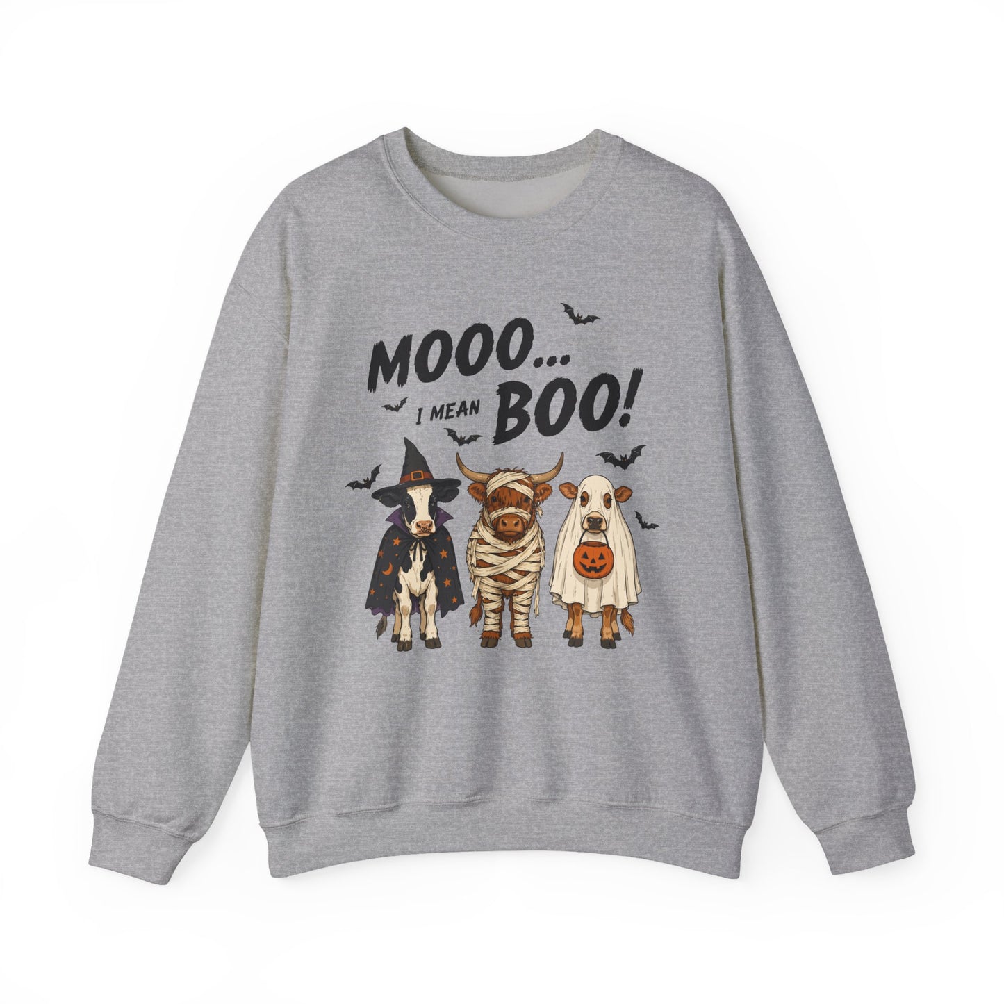 Halloween Cow Crewneck Sweatshirt — "Mooo... I Mean Boo!" Cute Farm Animals Costume Pullover