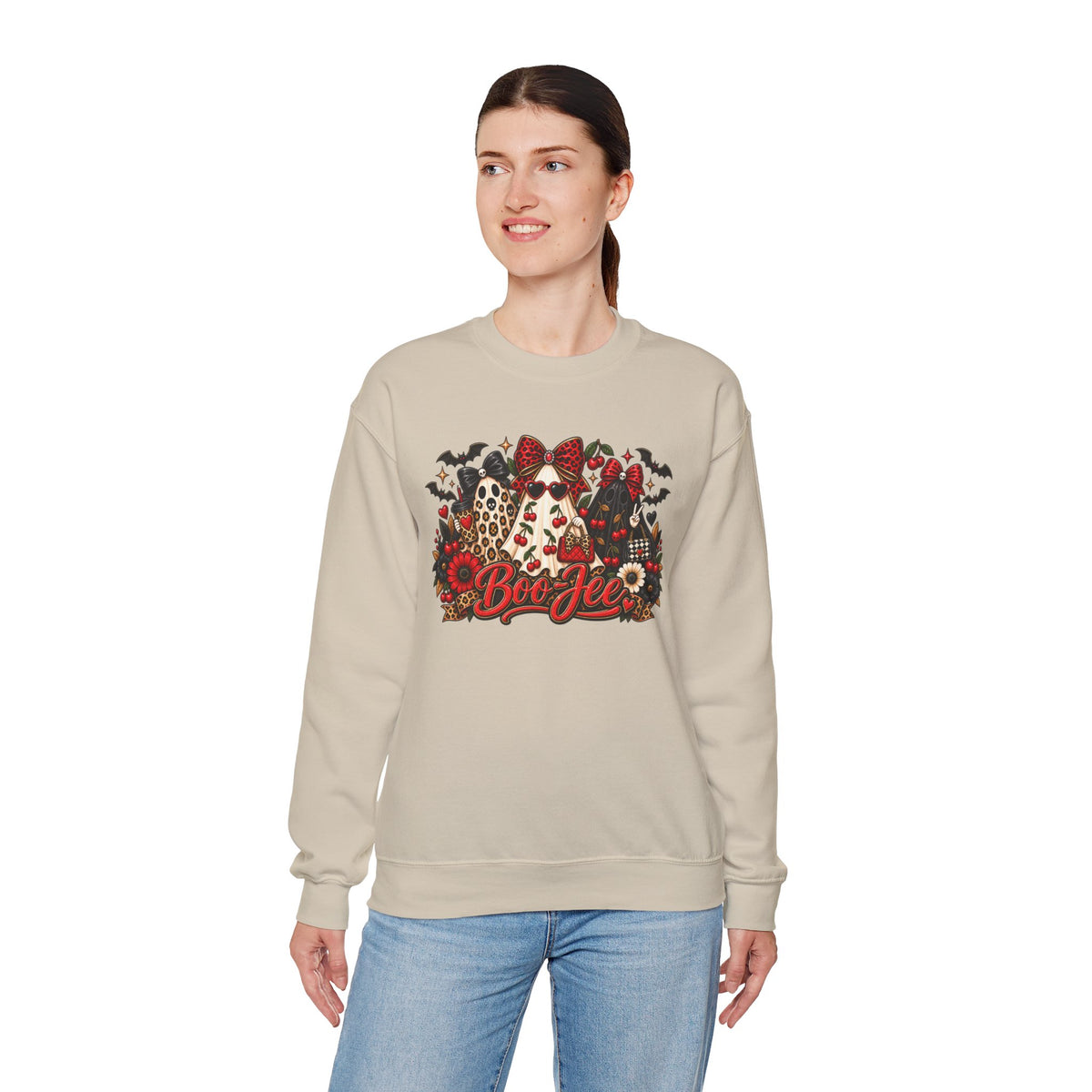 Halloween Boo Crewneck Sweatshirt — Cute Ghosts, Bats & Plaid Pumpkin Design