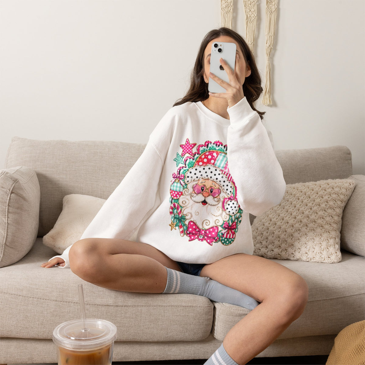 Pink Patchwork Santa Sweatshirt — Cute Christmas Crewneck for Women & Kids