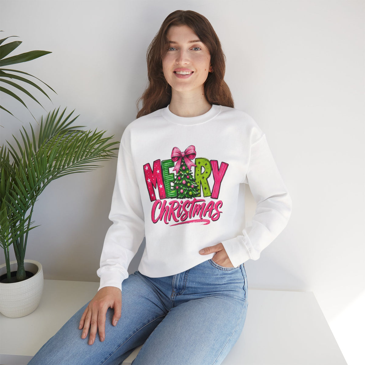 Crewneck Sweatshirt — Merry Christmas Pink & Green Holiday Tree Graphic