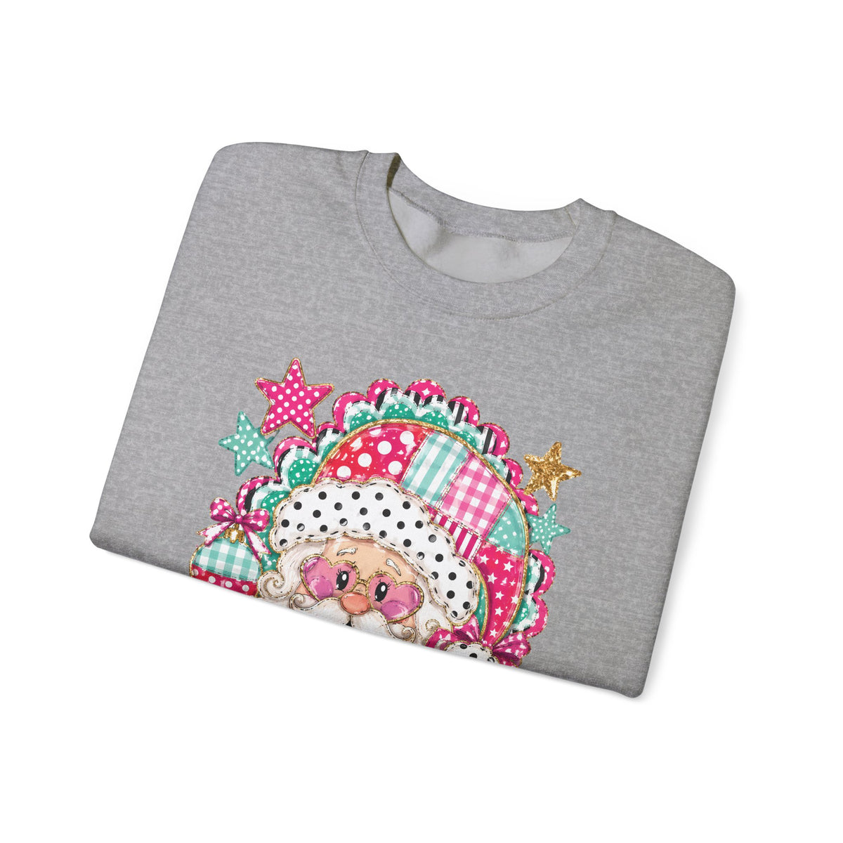 Pink Patchwork Santa Sweatshirt — Cute Christmas Crewneck for Women & Kids