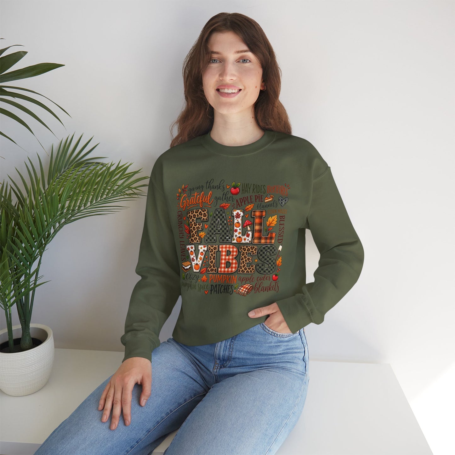 Fall Vibes Crewneck Sweatshirt — Autumn Leaves, Pumpkins & Cozy Plaid Design