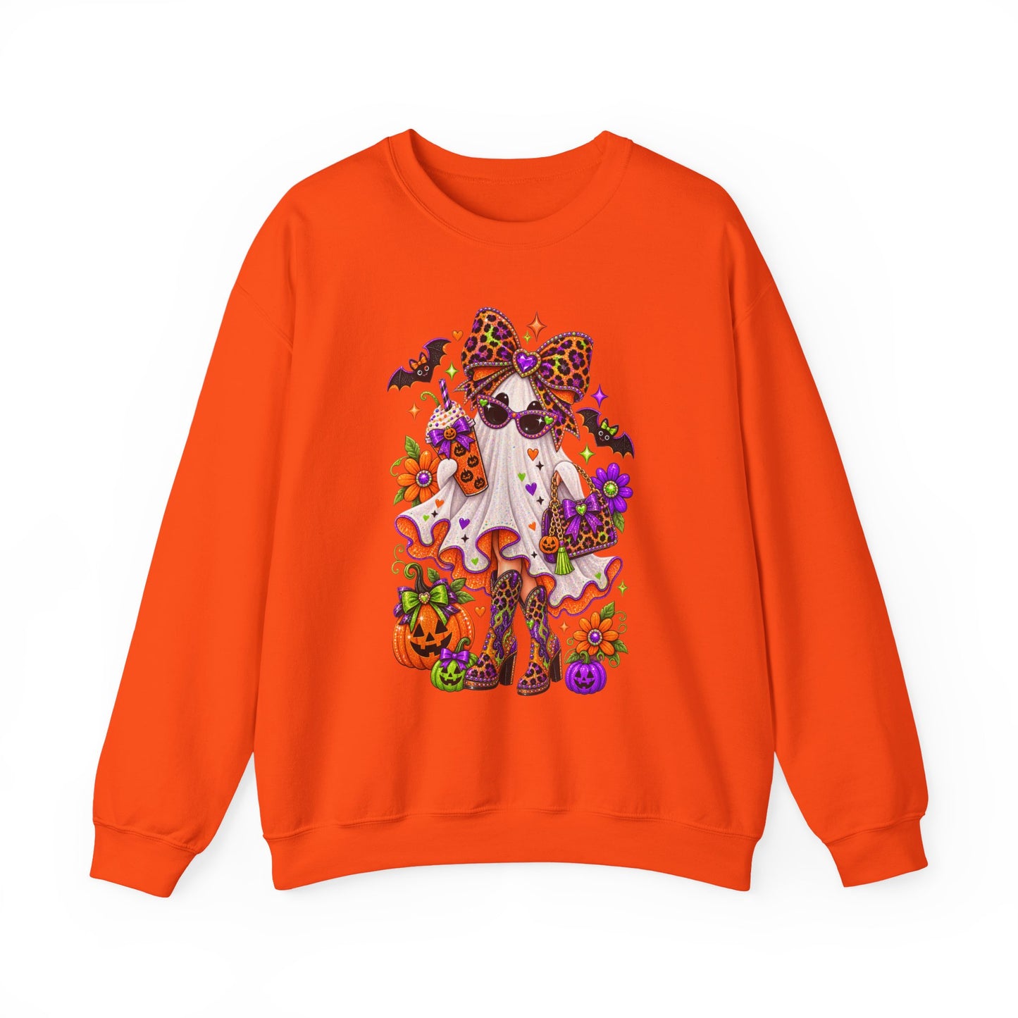 Halloween Ghost Cat Crewneck Sweatshirt — Cute Spooky Pumpkin & Bat Graphic