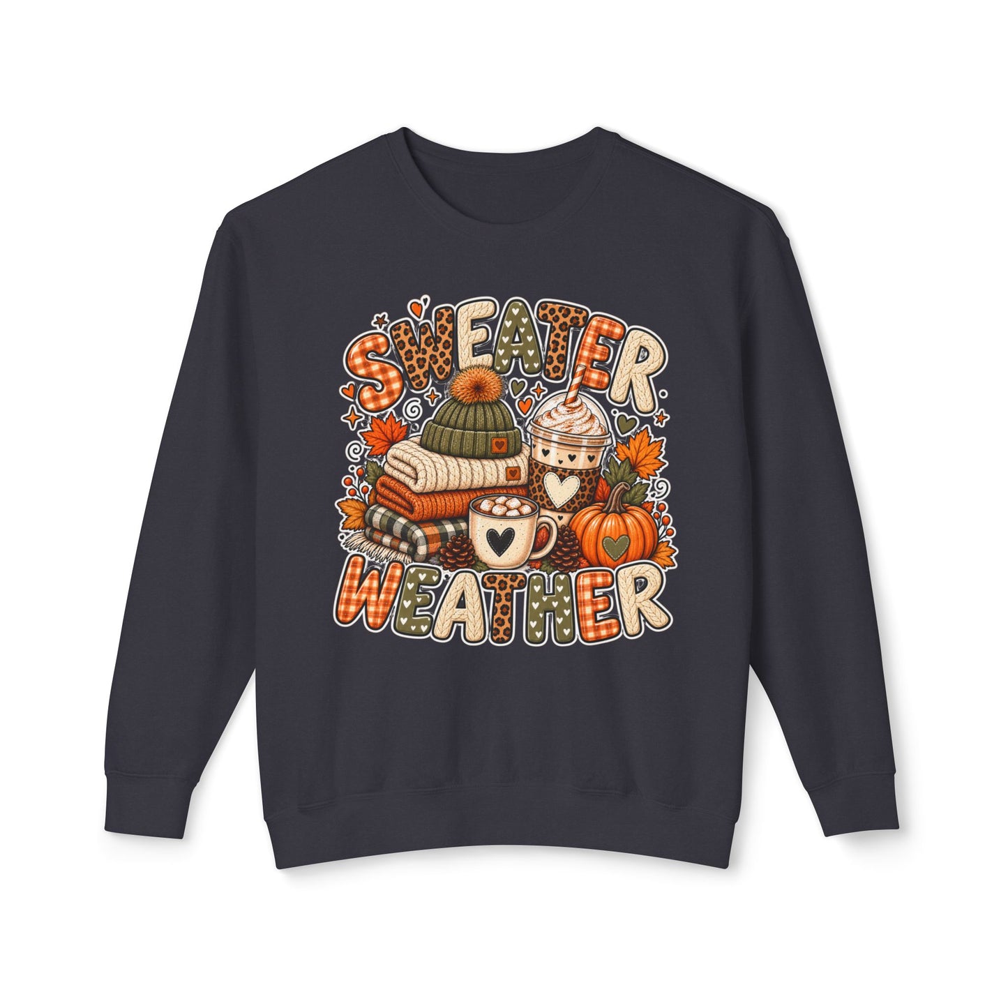 Sweater Weather Crewneck Sweatshirt – Cozy Fall Pumpkin & Hot Cocoa Graphic