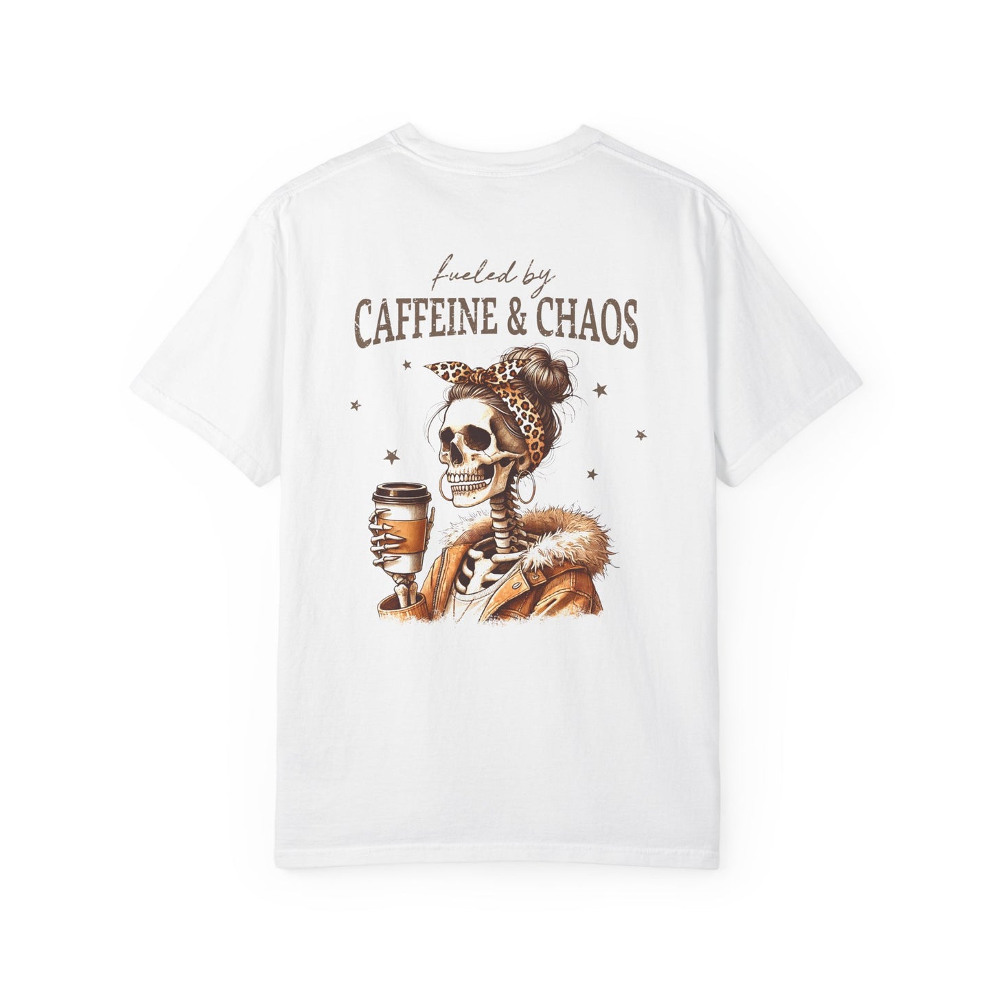 Caffeine & Chaos Skull Tee — Coffee Lover Skeleton Graphic T-Shirt