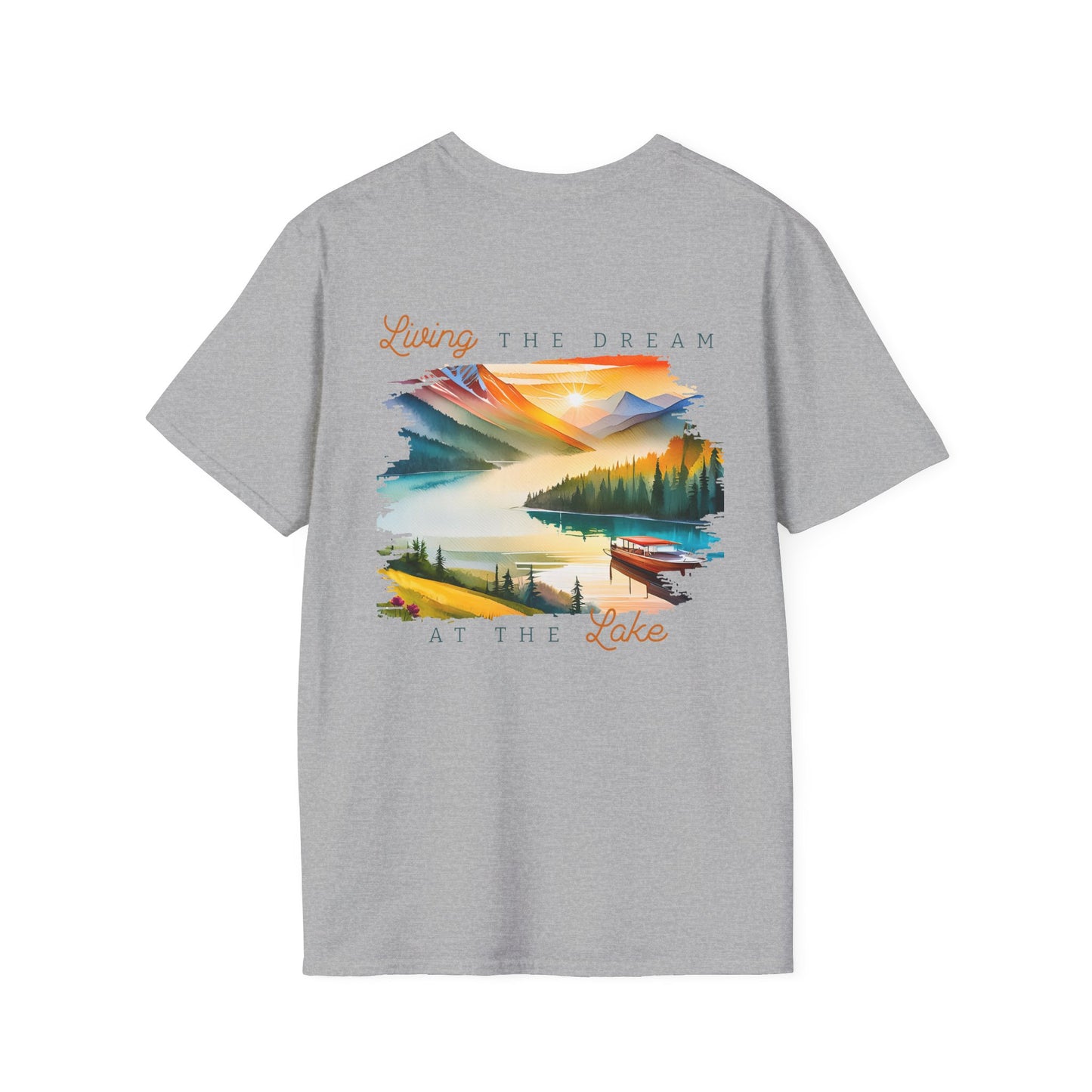 Lake Life T-Shirt — "Living the Dream at the Lake" Boat & Mountain Scene