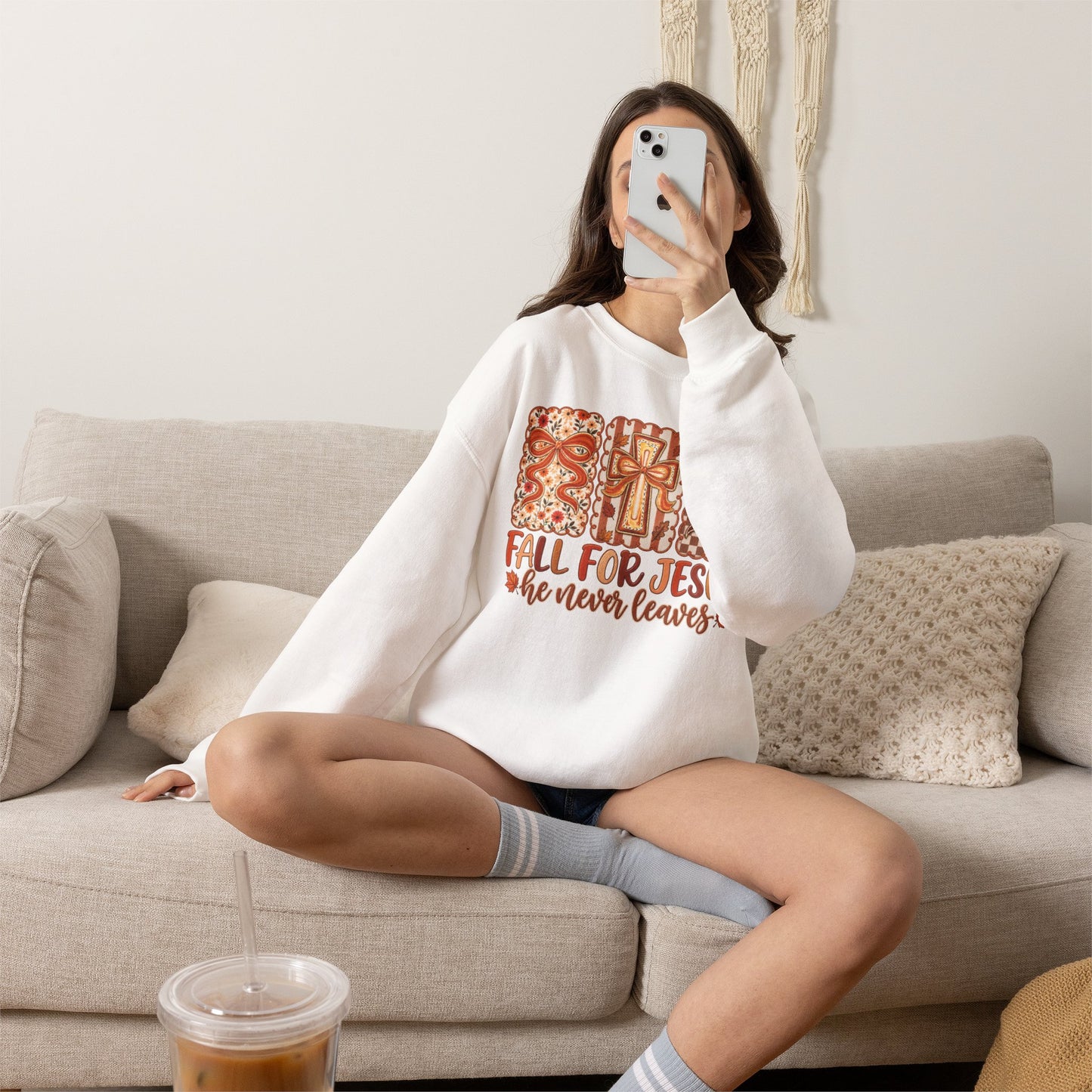 Crewneck Sweatshirt — Fall For Jesus Graphic, Autumn Leaves Faith Sweatshirt