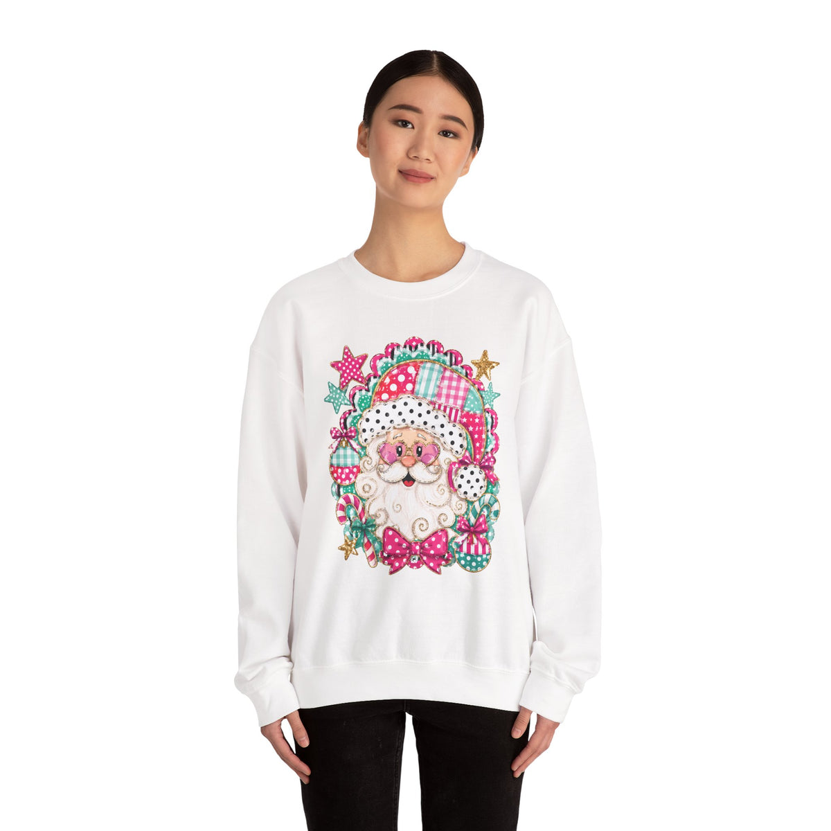 Pink Patchwork Santa Sweatshirt — Cute Christmas Crewneck for Women & Kids