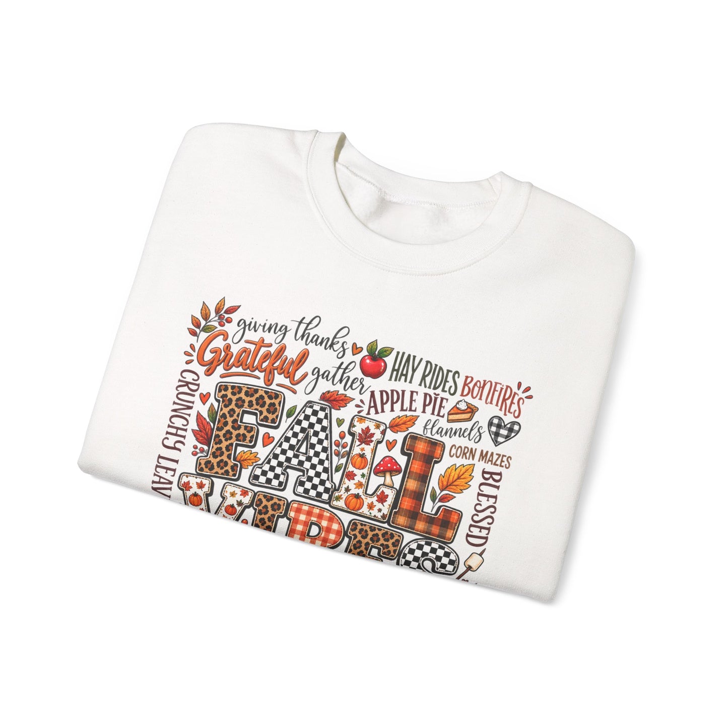 Fall Vibes Crewneck Sweatshirt — Autumn Leaves, Pumpkins & Cozy Plaid Design