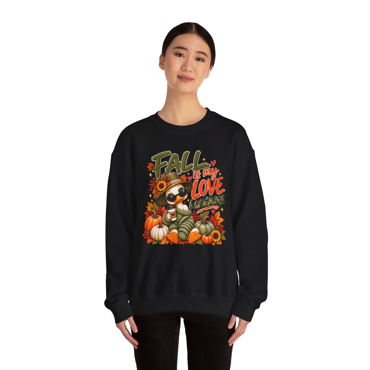 Fall Is My Love Language Sweatshirt — Cute Duck & Pumpkin Autumn Crewneck